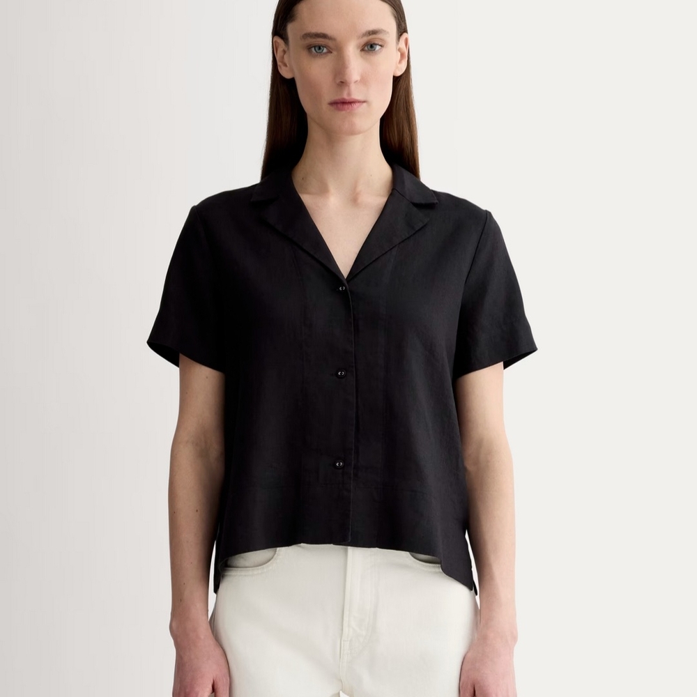 Everlane Black Short Sleeve Notched Collar Button Down